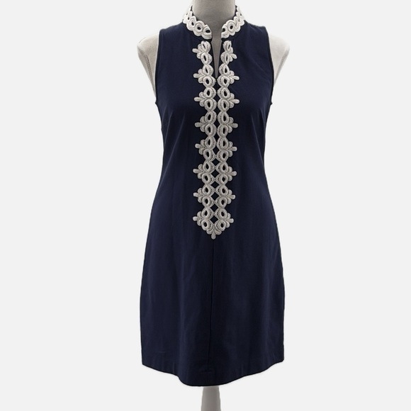 Lilly Pulitzer Callista High Collar Zip Front Shift Dress in True Navy - Size XS - Picture 3 of 8